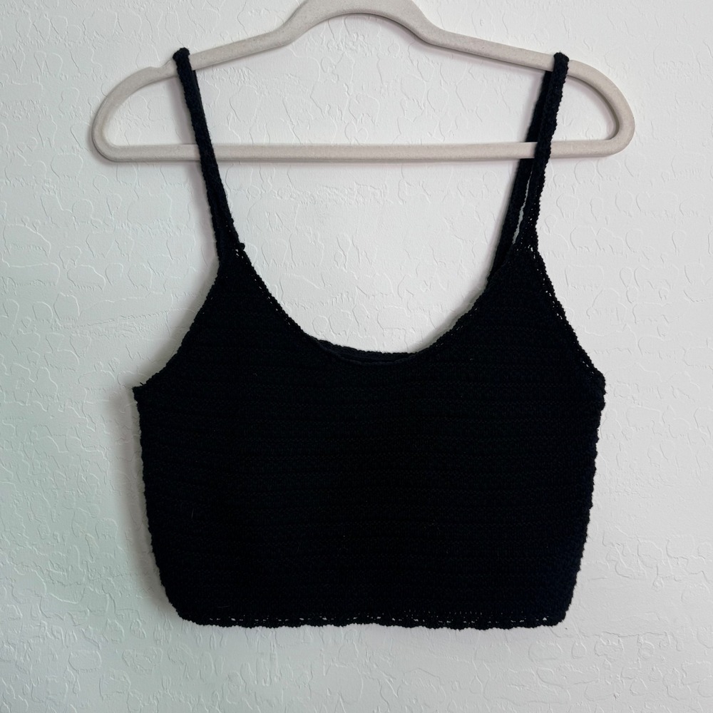 Aerie Womens Black Crochet Knit Cotton Cami Scoop Neck Crop Tank Top M Boho
